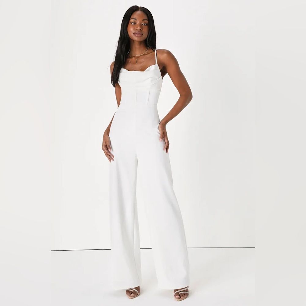 Lulus Always Suited White Lace-Up Cowl Neck Bustier Wide-Leg Jumpsuit